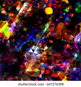 Bright colored spots on black background. Stripes, spots, triangles. Seamless texture for fabric, wrapping, home decor.