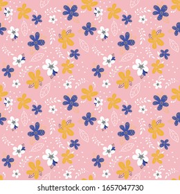 Bright colored spring flowers and leaves. Spring flowers on pink  background. Spring design perfect for wallpaper, gift paper, spring greeting cards, fabric, textile, web design. Hand-drawn.