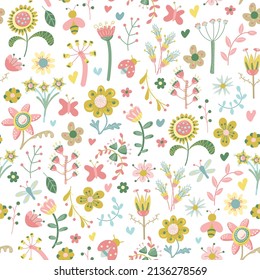 Bright colored spring flowers and leaves. Spring flowers on white background. The elegant the template for fashion prints. Modern floral background. Trendy style. Hand-drawn. Vector illustration.