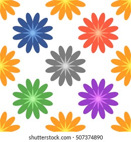 Bright colored stars. Colored flowers. Seamless pattern. White background.