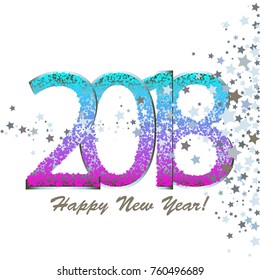 Bright, colored stars. Happy New Year 2018! Silver stars. Silver confetti