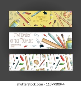 Bright colored stationery, writing materials, office or school supplies bookmarks. Stationery shop advertisement, banner,leaflet. Doodle style illustration of pen, pencil, ruler, glue, paint, brush