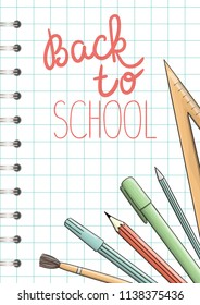 Bright colored stationery, writing materials, office or school supplies elements. Back to school advertisement or banner. Doodle style illustration of pen, pencil, ruler, brush