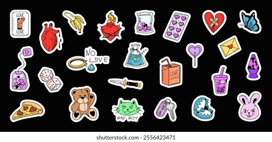 Bright colored stickers about romance, love and a little bit retro. Romantic stickers and badges for teens, colorful and funny, with meaning and inscriptions about love. Stickers for teenagers. Vector