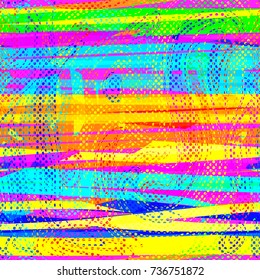 Bright colored stripes and dots. Pink, green, yellow, orange, blue colors. Seamless texture. Abstract vector background for web page, banners, fabric, home decor, wrapping 