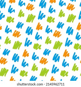 Bright colored strokes on abstract background. Pattern with orange, green, blue handwritten zigzag strokes on white backdrop. Seamless texture with hand drawn freehand lines. Modern wallpaper design.