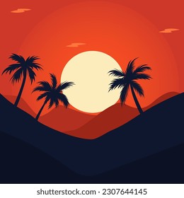 Bright colored stylish red sunset. Vector illustration