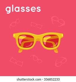 Bright colored sunglasses. Cartoon simple illustration. Vector accessory and word. 