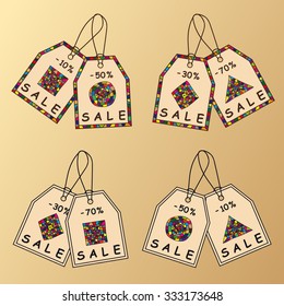 Bright colored tags. Paper labels in fashion design. Sale in the store, discounts.