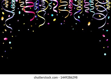 Bright colored tinsel, ribbons, confetti party. New Year poster, flyer, carnival background. Mocap Black background