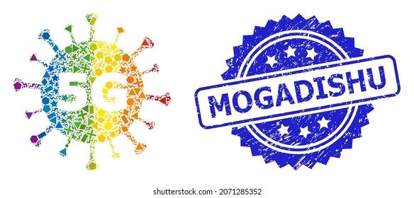 Bright colored vector 5G virus collage for LGBT, and Mogadishu textured rosette seal print. Blue stamp has Mogadishu caption inside rosette.
