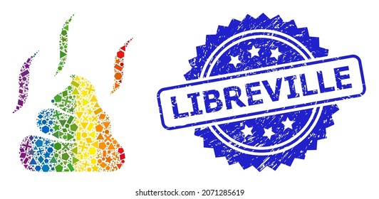 Bright colored vector aroma shit mosaic for LGBT, and Libreville corroded rosette stamp. Blue stamp includes Libreville title inside rosette.