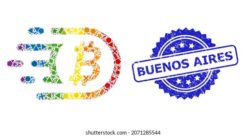 Bright colored vector bitcoin collage for LGBT, and Buenos Aires rubber rosette stamp. Blue stamp seal includes Buenos Aires caption inside rosette.