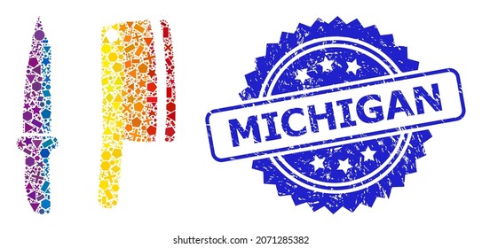Bright colored vector butchery knives mosaic for LGBT, and Michigan unclean rosette stamp seal. Blue stamp seal includes Michigan text inside rosette.