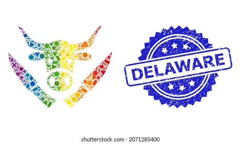Helle, farbige Vektorschmettermesser für LGBT und Delaware korrodierter Rosette-Robbendruck. Die blaue Stempeldichtung enthält eine Prägung von Delaware innerhalb von Rosette.