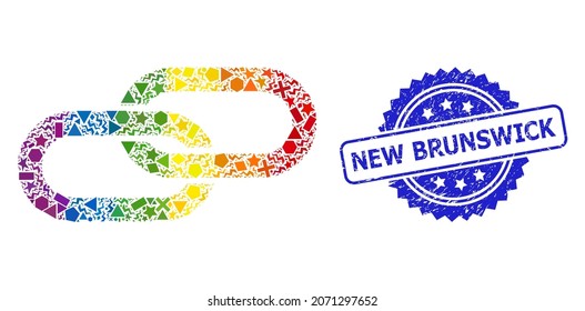 Bright colored vector chain collage for LGBT, and New Brunswick textured rosette stamp seal. Blue stamp includes New Brunswick caption inside rosette.