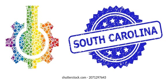 Bright colored vector chemical industry mosaic for LGBT, and South Carolina unclean rosette seal. Blue seal has South Carolina text inside rosette.