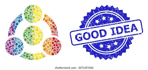 Bright colored vector collaboration mosaic for LGBT, and Good Idea scratched rosette seal. Blue seal has Good Idea caption inside rosette.