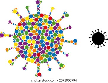 Bright colored vector Covid-19 virus randomized dot collage for LGBT, and a source icon. Spheric randomized elements are arranged into abstract collage Covid-19 virus icon.