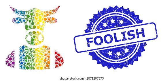 Bright colored vector cow boy collage for LGBT, and Foolish unclean rosette stamp seal. Blue stamp seal has Foolish title inside rosette.