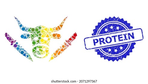 Bright colored vector cow butchery collage for LGBT, and Protein corroded rosette stamp seal. Blue stamp includes Protein title inside rosette.