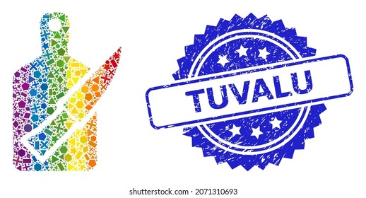 Bright colored vector cutting board and knife mosaic for LGBT, and Tuvalu unclean rosette stamp seal. Blue stamp seal has Tuvalu caption inside rosette.