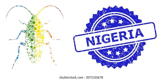 Bright colored vector damaged cockroach mosaic for LGBT, and Nigeria textured rosette stamp seal. Blue stamp seal contains Nigeria title inside rosette.