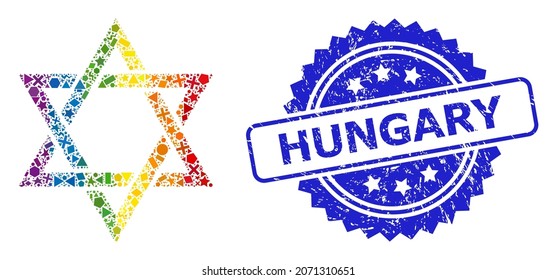 Bright colored vector david star collage for LGBT, and Hungary textured rosette stamp seal. Blue stamp seal includes Hungary title inside rosette.