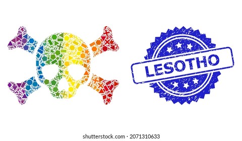 Bright colored vector death skull collage for LGBT, and Lesotho textured rosette stamp. Blue stamp seal contains Lesotho text inside rosette.