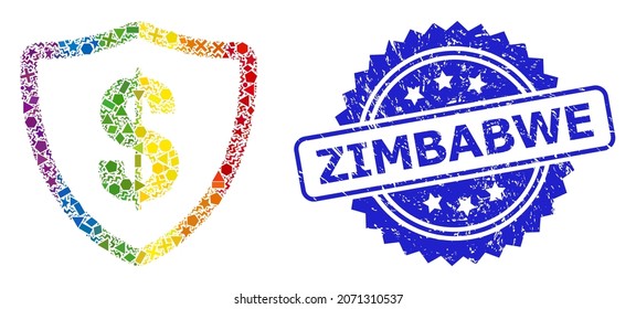 Mosaico de protección del dólar vector de color brillante para LGBT, y la impresión de sellos de rosette corroída en Zimbabue. El sello azul contiene el título de Zimbabue dentro de la roseta.
