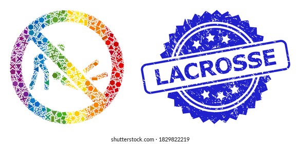Vector de color brillante que prohíbe el collage de lucha de judo para LGBT, y la imitación de sello de rosette sucio de Lacrosse. El sello azul contiene la etiqueta Lacrosse dentro de la roseta.