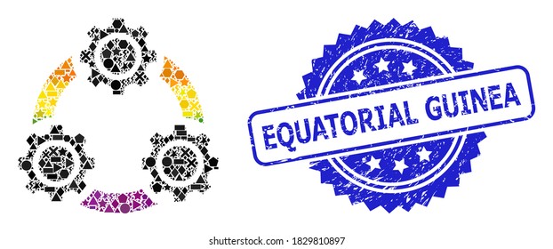 Helle, farbige Vektorgetriebe-Planetenkollage für LGBT und Äquatorialguinea-Grunge-Rosette-Stempelsiegel. Die blaue Stempelrobbe trägt den Titel von Äquatorialguinea in Rosette.