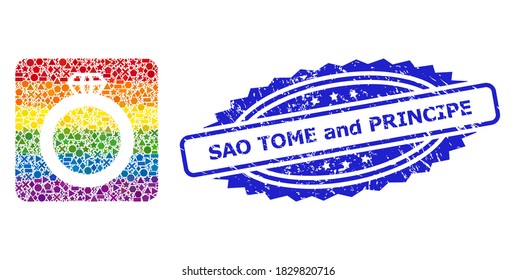 Bright colored vector gem ring mosaic for LGBT, and Sao Tome and Principe dirty rosette seal imitation. Blue stamp seal contains Sao Tome and Principe tag inside rosette.