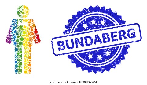 Bright colored vector happy mister mosaic for LGBT, and Bundaberg textured rosette seal. Blue seal includes Bundaberg title inside rosette.