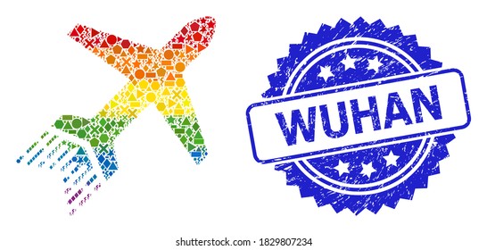 Bright Colored Vector Jet Liner Collage For LGBT, And Wuhan Grunge Rosette Seal. Blue Seal Contains Wuhan Tag Inside Rosette. Geometric Scattered Spots Are United Into Abstract Collage Jet Liner Icon.