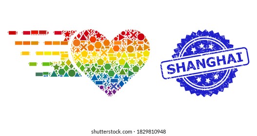 Bright colored vector love heart mosaic for LGBT, and Shanghai dirty rosette stamp seal. Blue stamp seal contains Shanghai title inside rosette.