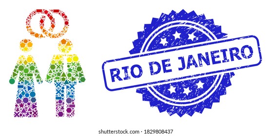 Bright colored vector marriage persons collage for LGBT, and Rio De Janeiro grunge rosette stamp seal. Blue stamp seal contains Rio De Janeiro caption inside rosette.