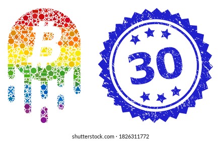 Bright colored vector melting bitcoin mosaic for LGBT, and 30 scratched rosette seal. Blue stamp seal contains 30 text inside rosette.