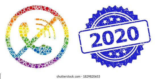 Bright colored vector no phone calls collage for LGBT, and 2020 textured rosette stamp seal. Blue stamp seal contains 2020 tag inside rosette.