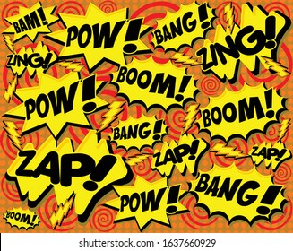 Bright colored vector onomatopoeia comic book cartoon fight speak bubbles and bursts background. Boom, bang, pow, zap, zing, bam easy to edit