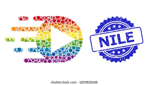 Bright colored vector play function mosaic for LGBT, and Nile rubber rosette seal. Blue stamp seal includes Nile caption inside rosette.
