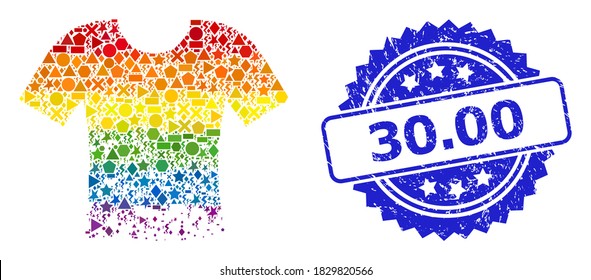 Bright colored vector ragged t-shirt mosaic for LGBT, and 30.00 dirty rosette stamp. Blue stamp seal contains 30.00 tag inside rosette. svg