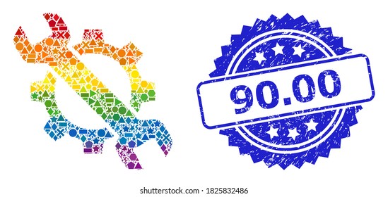Mosaico de reparación vectorial de color brillante para LGBT, y sello de marca de rosetón de 90.00 grunge. El sello azul tiene 90.00 etiquetas dentro de la roseta. Las piezas geométricas aleatorizadas se unen en un icono abstracto de reparación de mosaicos.