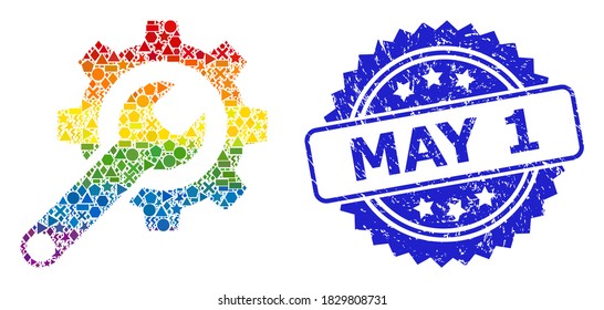 Bright colored vector repair tools mosaic for LGBT, and May 1 textured rosette seal. Blue stamp seal includes May 1 text inside rosette.