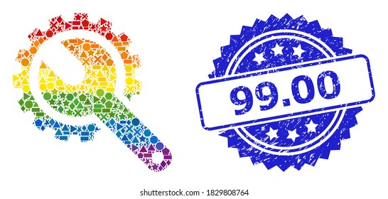 Mosaico de herramientas de reparación vectorial de color brillante para LGBT, y sello de sello de goma rosetón 99.00. El sello azul incluye 99.00 subtítulos en rosette.