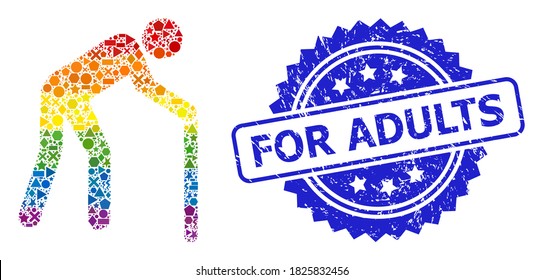 Hellfarbige Vektorgrafik-Mosaik für LGBT und für Erwachsene grunge Rosette Stempel-Siegel. Blue Stempel-Siegel enthält Für Erwachsene Bildunterschrift in Rosette.