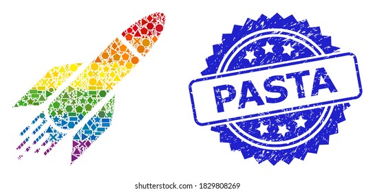 Bright colored vector rocket mosaic for LGBT, and Pasta corroded rosette seal. Blue stamp seal has Pasta caption inside rosette.