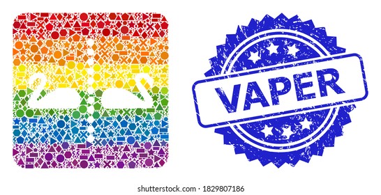 Bright colored vector separate swans collage for LGBT, and Vaper grunge rosette stamp. Blue stamp seal includes Vaper caption inside rosette.