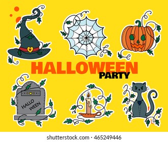 Bright colored vector set of kawaii Halloween icons, stickers, web elements. Witches hat, spiderweb, pumpkin head, gravestone, candlestick, candle, magic cat and wave ivy. Black, white, blue, orange