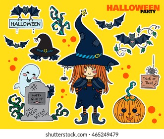 Bright colored vector set of kawaii Halloween icons, stickers, web elements. Witch with hat, pumpkin head, bats, spider, ghost on gravestone and scary branches. Black, white, blue, orange, gray, green
